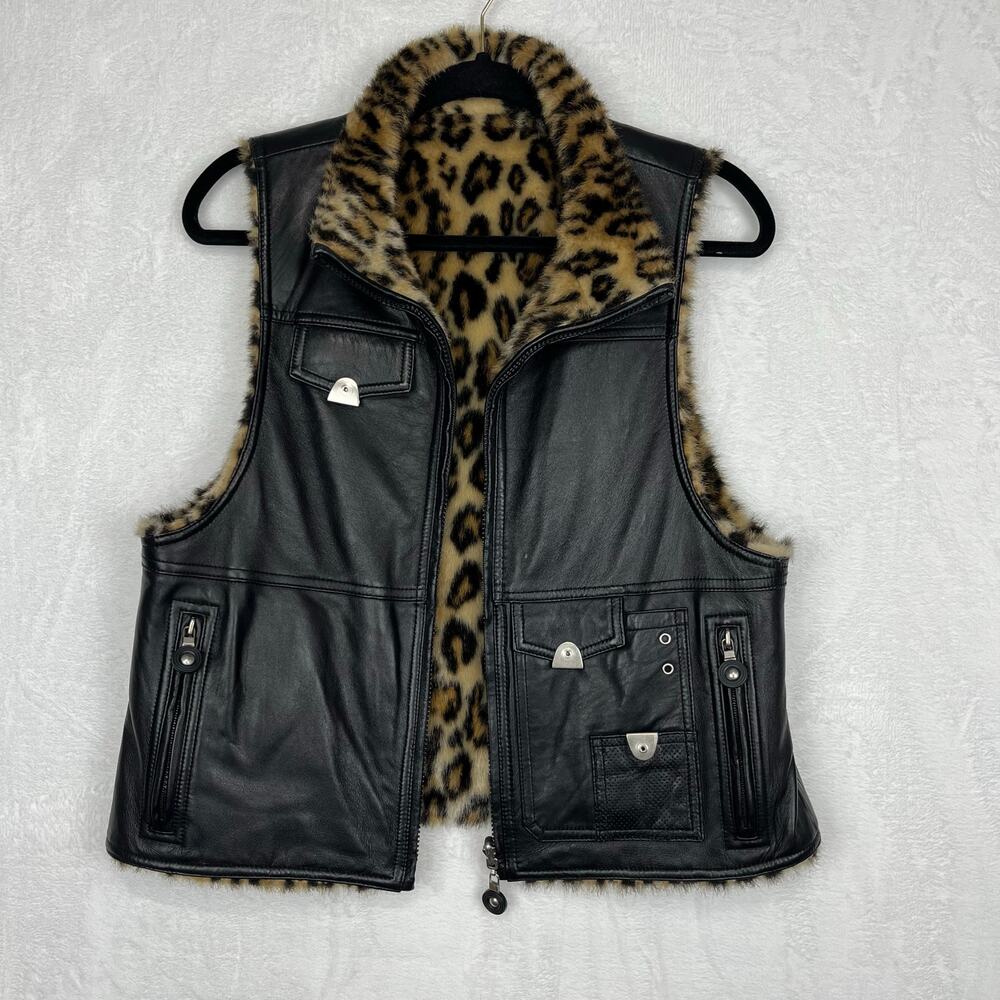 Jamie Sadock Black Leather and Leopard Faux Fur Reversible Zip up Vest Medium - Picture 3 of 16